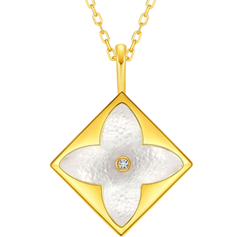 坠链均925银锆石 白贝四叶花菱形女款经典轻奢时尚气质