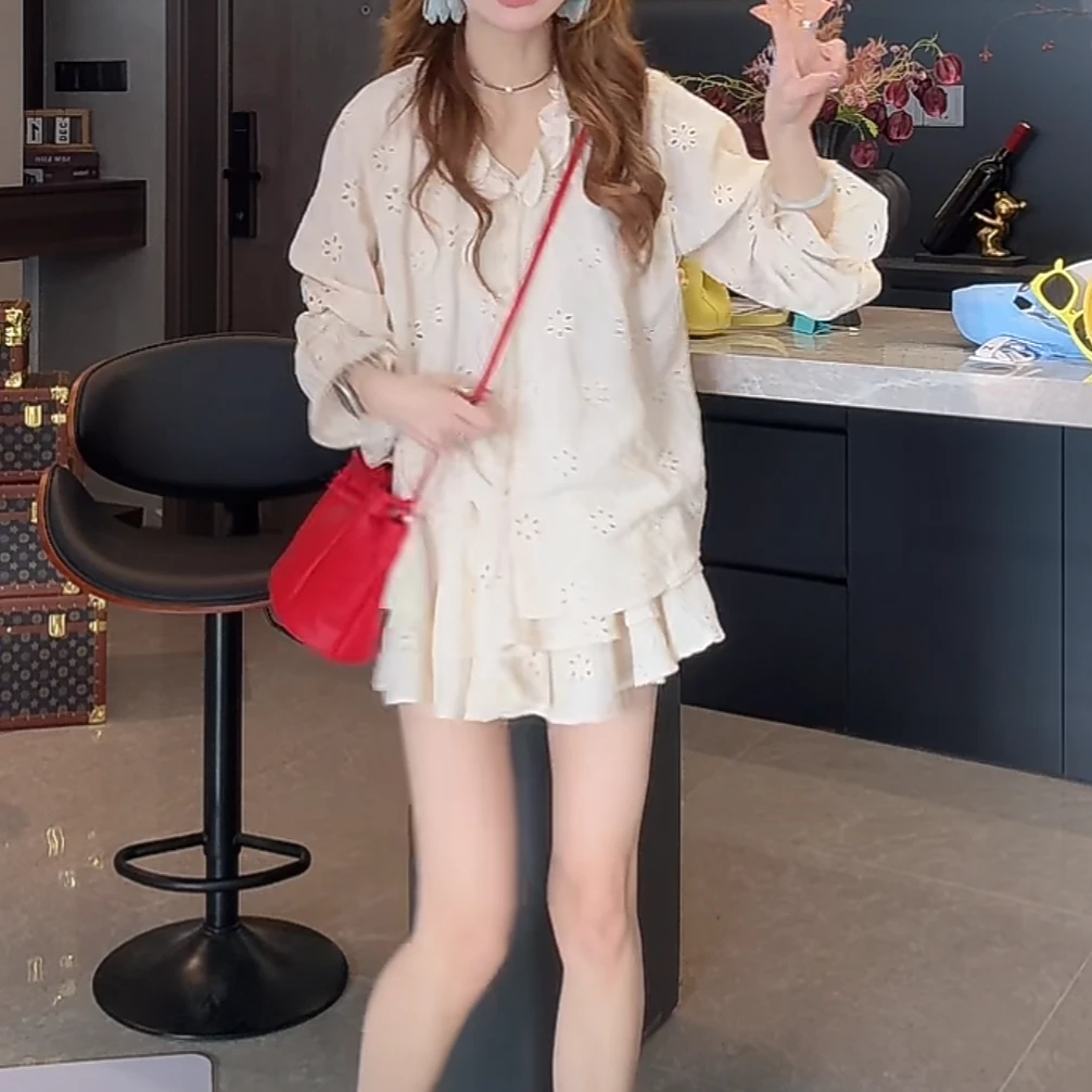 2025新款春夏重工刺绣衬衫+百褶半身裙短裙温柔风花边系带套装