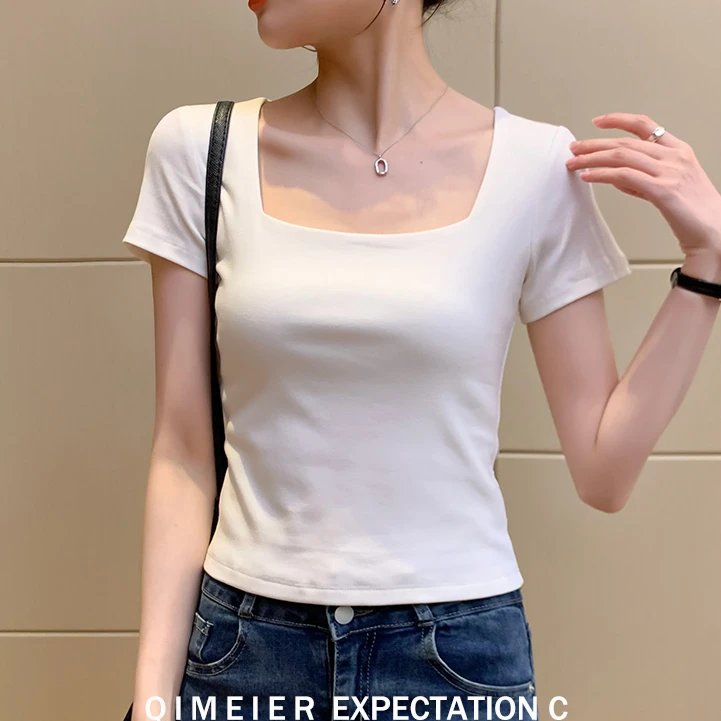 方领白色t恤洋气衣服女正肩短袖2025夏季新款修身纯欲别致上衣