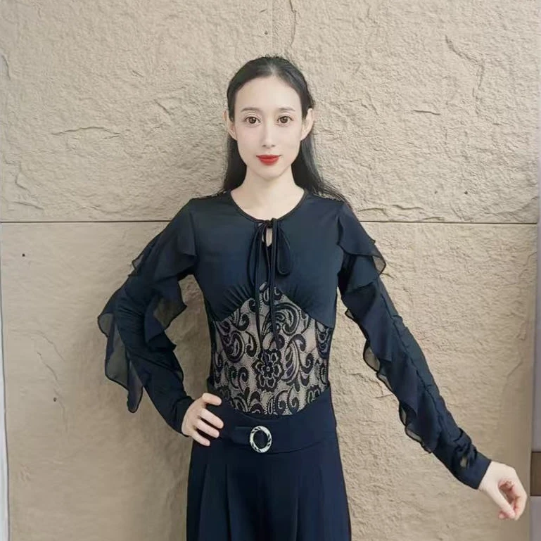 欢舞阁吉特巴交际舞广场舞摩登舞气质女士蕾丝拼接长袖舞衣A0799