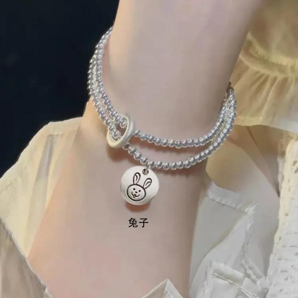 925银手链 纯银十二生肖999双层3毫米银珠平安扣手链龙兔马蛇猪羊