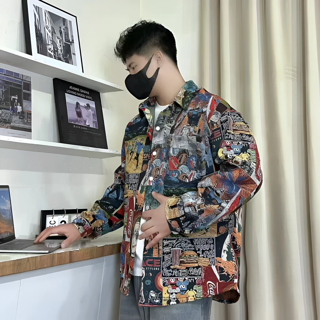 大码男士秋季新款色织提花彩绘时尚百搭休闲外套9910痞帅宽松潮流