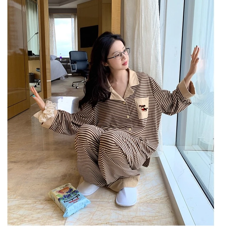 早秋条纹长袖睡衣女2025新款美拉德可爱卡通甜美家居服套装可外穿