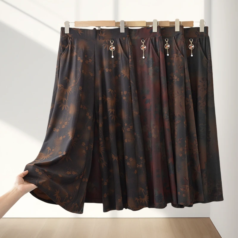 夏季新品时髦舒适高腰显瘦国风阔腿裤宽松休闲日常垂感印花九分裤