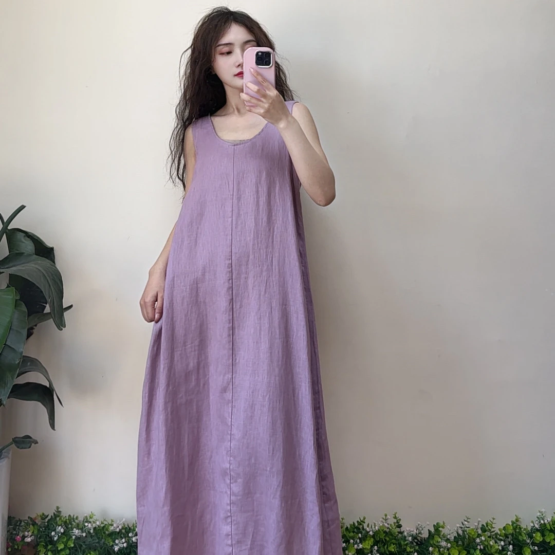 【繁花】原创设计圆领百搭欧若风亚麻简约文艺风无袖连衣裙