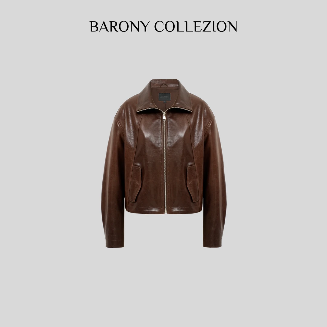 BARONY86059【原野焦糖】时尚夹克头层植鞣羊皮进口外套女休闲真皮