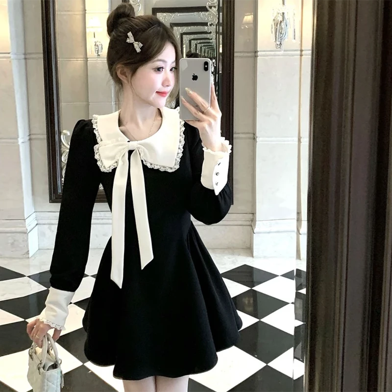 小香风撞色蝴蝶结连衣裙女法式赫本风气质收腰黑色长裙子D0313