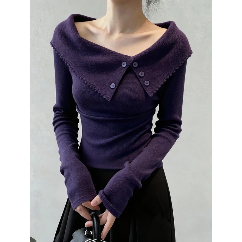 巨好看的早秋穿搭独特漂亮修身气质设计感一字肩紫色针织长袖上衣