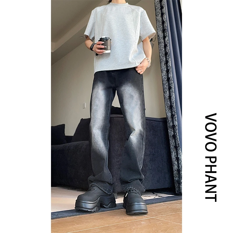 VOVO美式复古黑色渐变牛仔裤男2025夏季潮流修身痞帅微喇休闲长裤
