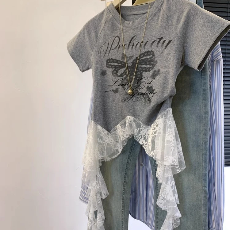 夏季bm辣妹下摆蕾丝短袖t恤女休闲印花体恤设计感不规则别致上衣