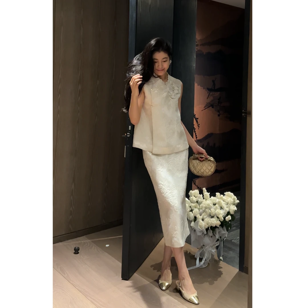 N.COU妮蔻25夏新款新中式提花刺绣桑蚕丝上衣半裙套装女DY52296-1