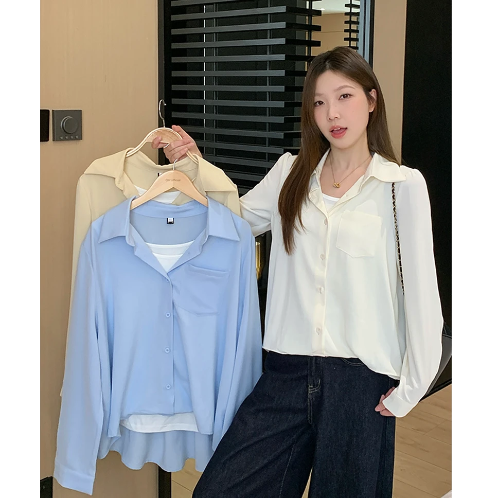 大码假两件衬衫2025春季慵懒风宽松显瘦遮肉设计感别致衬衣64030