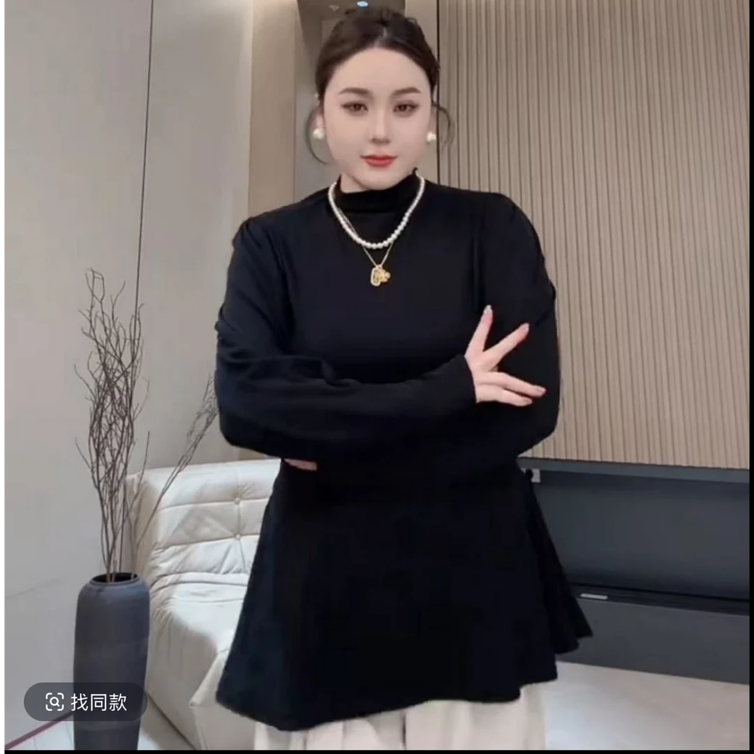 大码设计感收腰半高领t恤打底衫女秋冬季胖mm修身内搭灯笼袖上衣