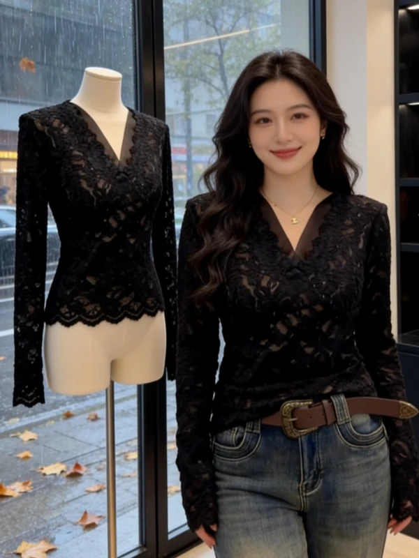 〖猫姐衣橱〗秋冬新款时尚透肤加绒蕾丝显瘦上衣3301