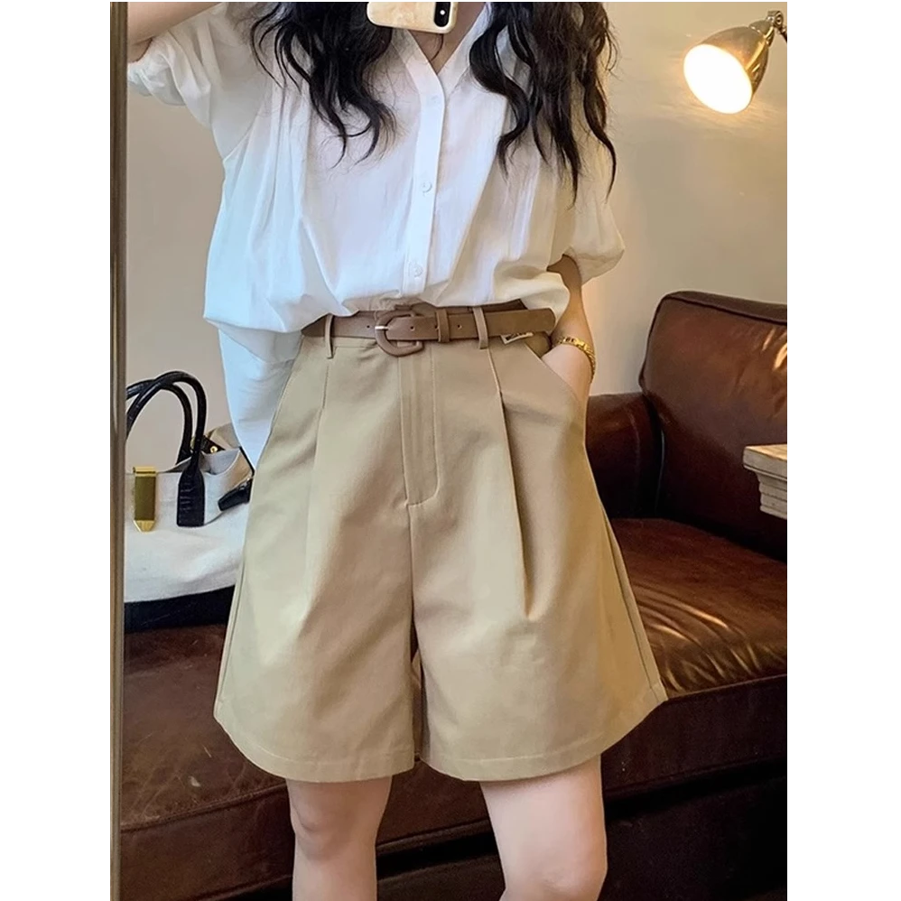卡其色高腰休闲短裤女夏季大码胖mm百搭显瘦直筒a字五分阔腿中裤