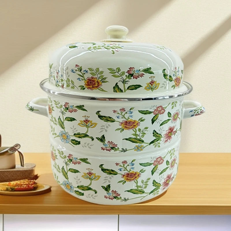 26cm珐琅搪瓷双层蒸锅双耳加厚燃气灶电磁炉通用