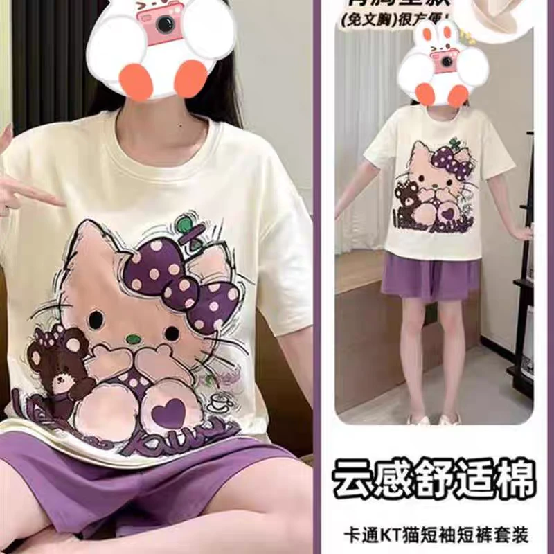 带胸垫网红减龄爆款云朵棉睡衣女夏季动漫卡通眼镜女孩家居服套装