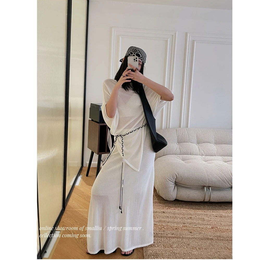 SMALLIU 朦胧雅致白色针织不规则T恤/半身裙子套装