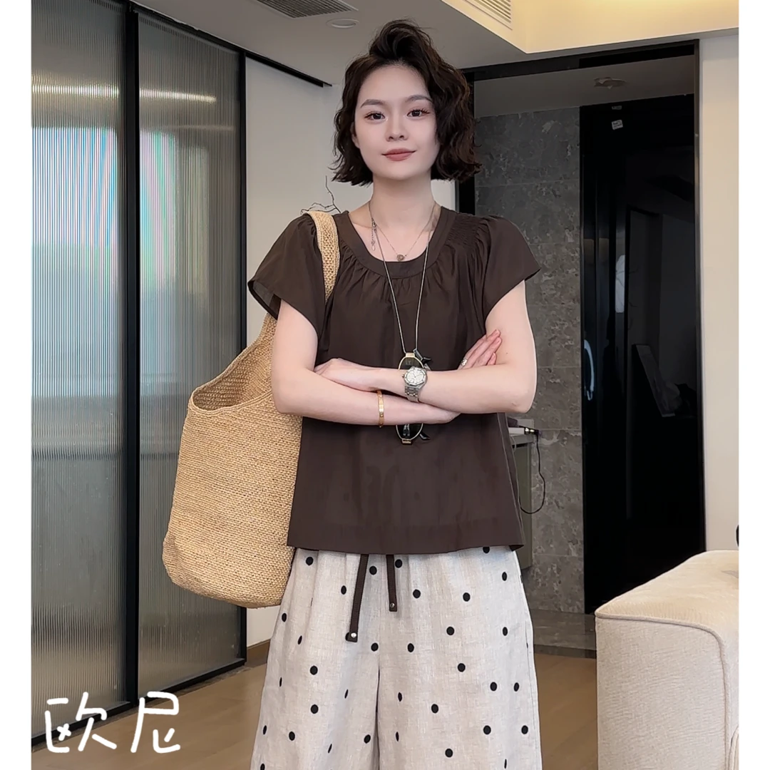 欧尼私服 2025夏圆领短袖衬衫法式圆领设计感小衫上衣2505C2353