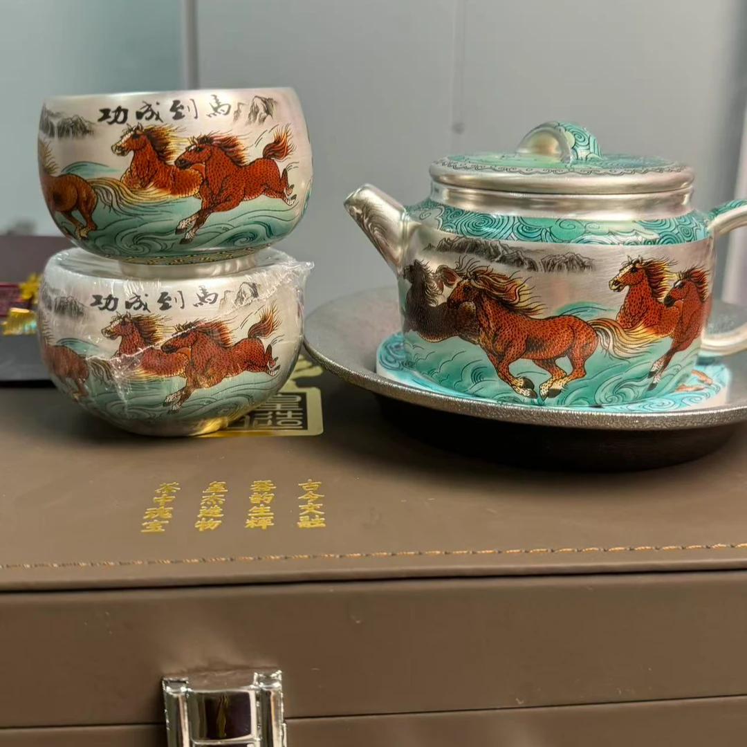马到成功一壶两杯带茶盘银壶银杯套装