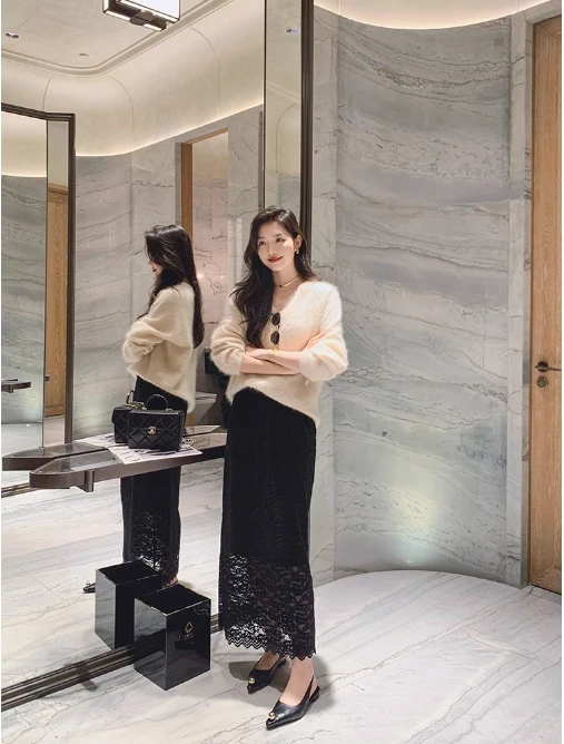 美洋MEIYANG 绒花半裙 雪尼尔蕾丝远红外发热松紧腰中长裙