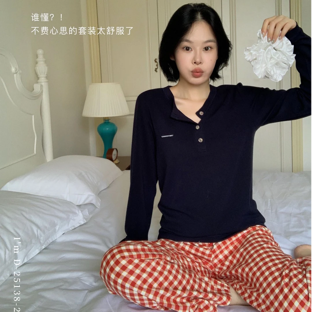 杜小宅正品新款贝壳衣格子裤二件套家居服日常可外穿睡衣套装