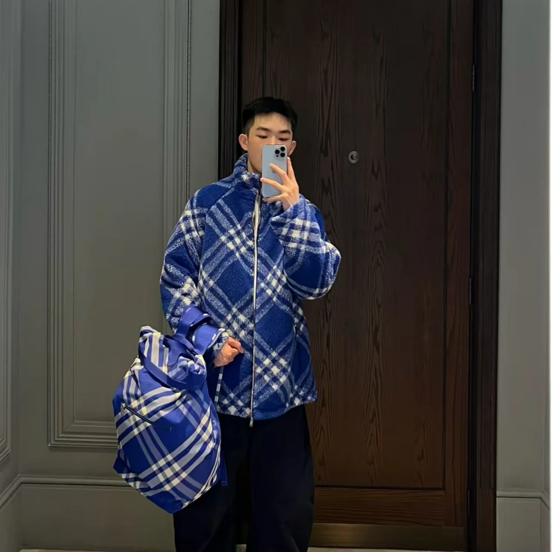 未使用 BURBERRY/博柏利 新款蓝色格纹落肩宽拉链外套 摇粒绒