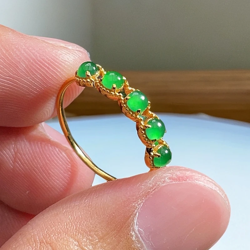18K金天然翡翠A货-T131排戒蛋面戒指K黄1180