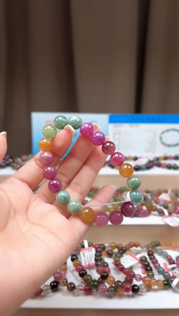 未镶嵌手串碧玺9.8mm艳丽彩虹色高阶油画体碧玺单圈手串