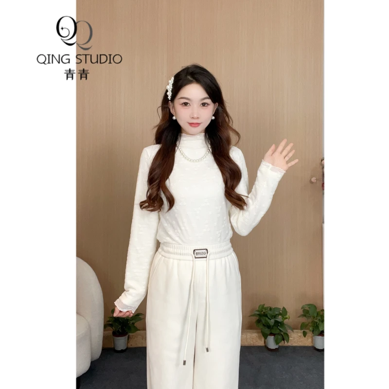 【青青定制】小个子秋冬新款保暖简风纯色显瘦打底衫纱网秋冬蕾丝衫