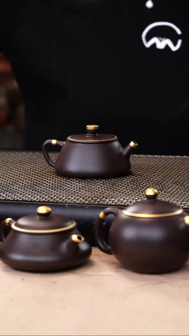 茶壶紫砂四号井茄皮紫泥描金平盖石瓢120cc