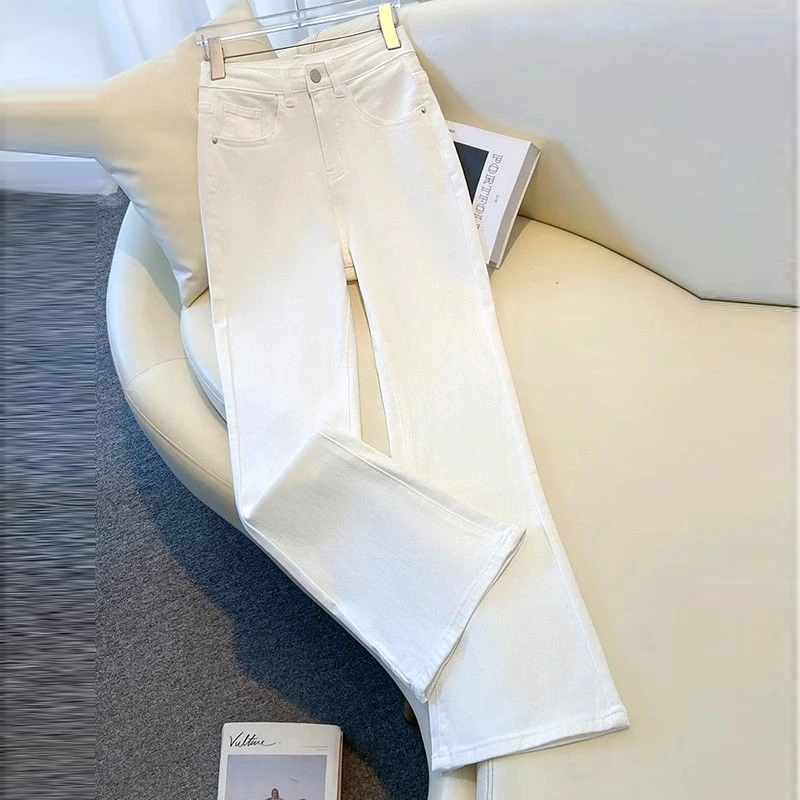【微瑕】QH-A113 秋冬加绒微喇白色牛仔裤女高腰宽松显瘦休闲