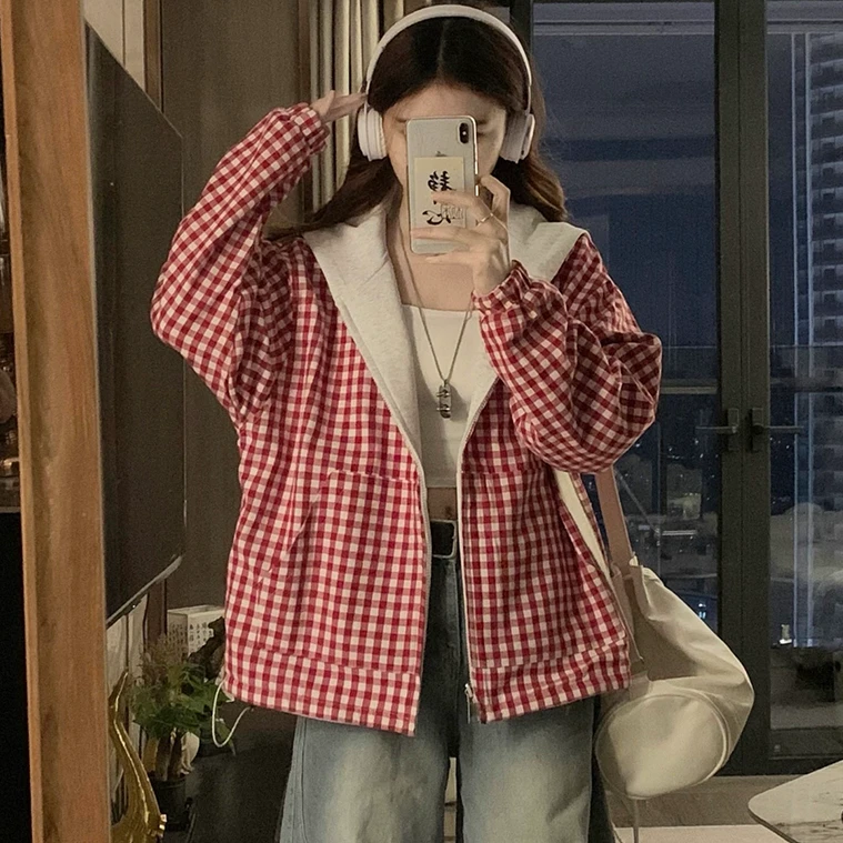 双面穿美式复古连帽外套少女2025春秋新款初高中学生格纹开衫卫衣