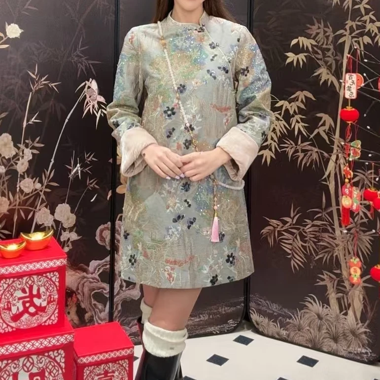 现货【兰亭序】连衣裙2025袖口新中式重工刺绣亮片连衣裙T121-Y