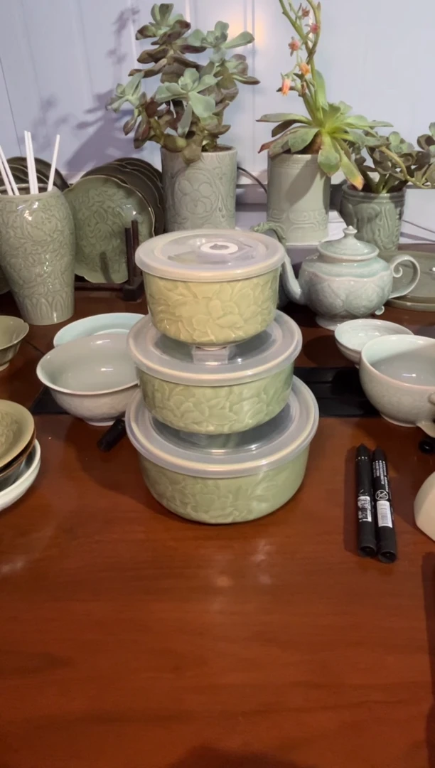瑕疵青釉保鲜碗1套
