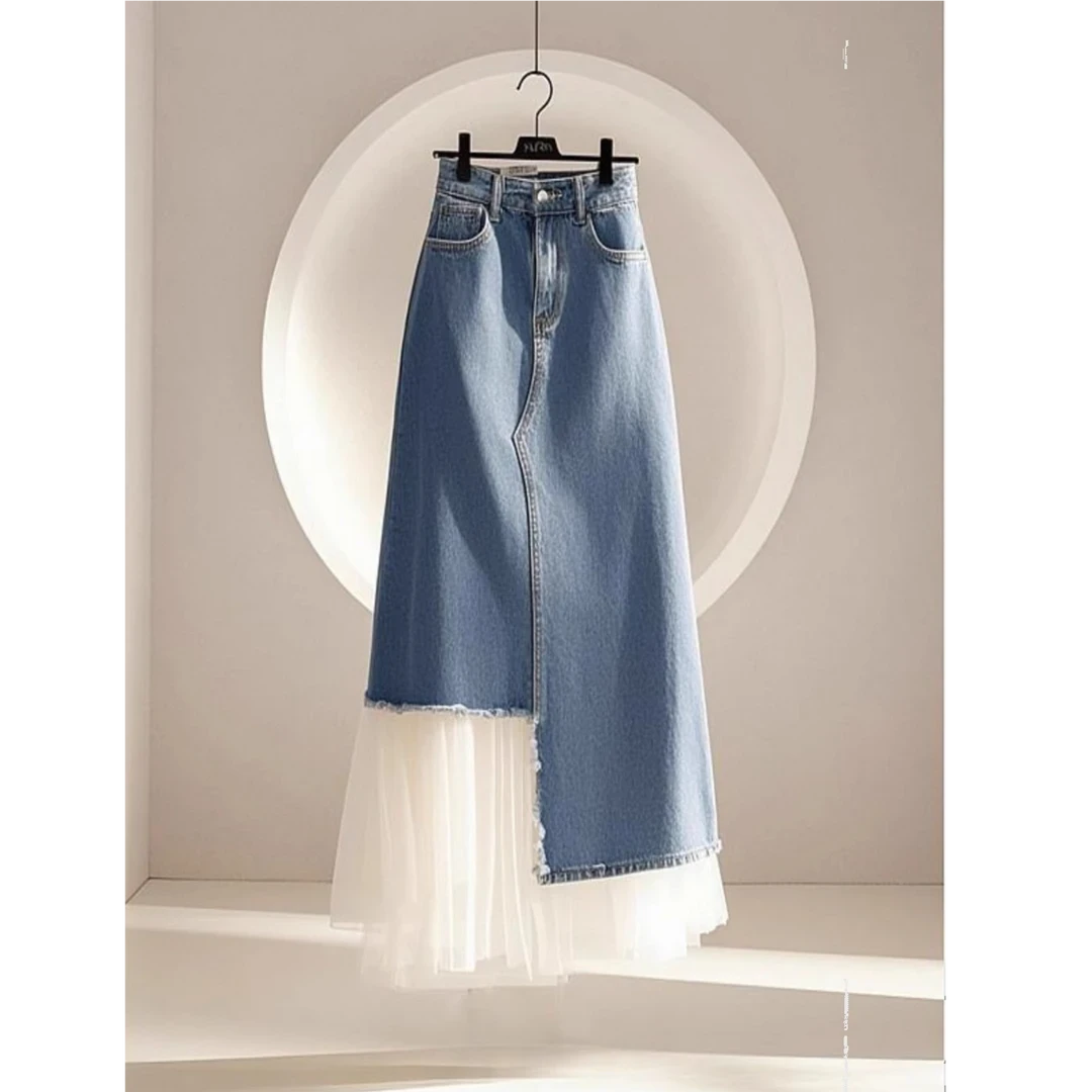 今年爆款牛仔拼接半身裙子2025新款时尚洋气高级感高腰遮垮长裙女