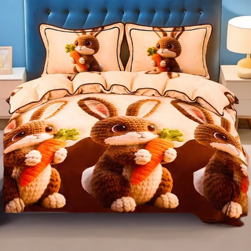 8斤左右5D牛奶绒双面卡通四件套防静电不掉毛不褪色双面绒三件套