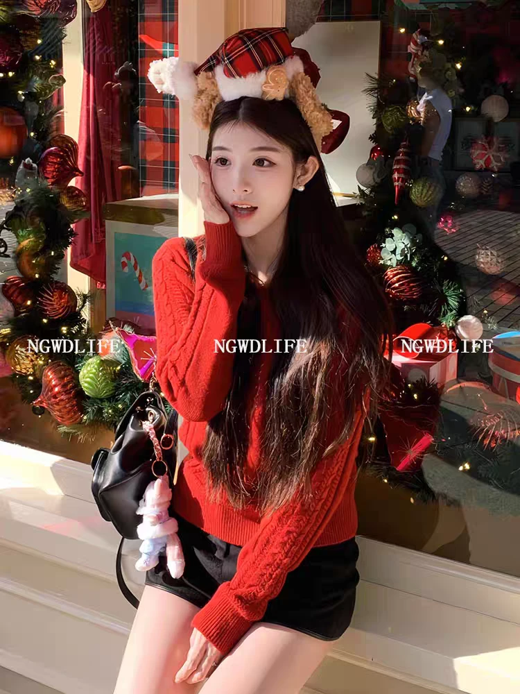 红色毛衣女装冬季新款加厚圆领麻花套头针织衫小个子内搭打底上衣