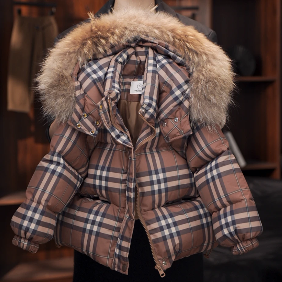 【1%】2024原版冬季儿童加厚羽绒服简约格子毛领英伦新款潮