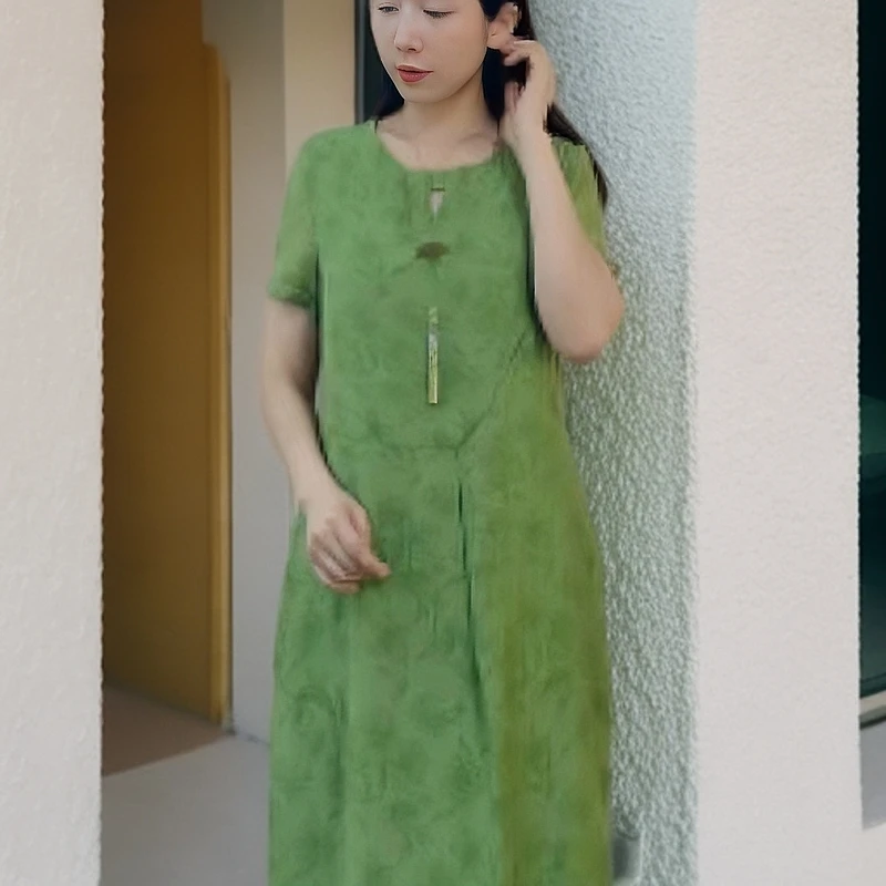 JH3038时尚优雅气质圆领宽松提花夏季休闲2023新款中长款连衣裙