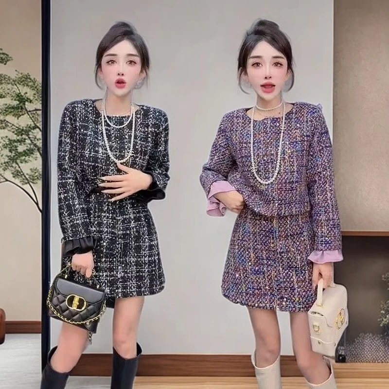 优雅高级2025年秋冬新款两件套女圆领格子拼接上衣+修身显瘦短裙