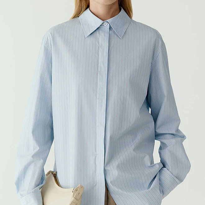 『朱小姐』浅蓝条纹腰系带衬衫 F732