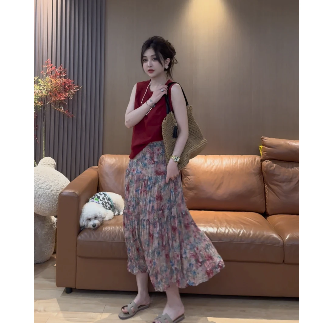 D14 褶皱油画碎花半身A字半身长裙 ED1401