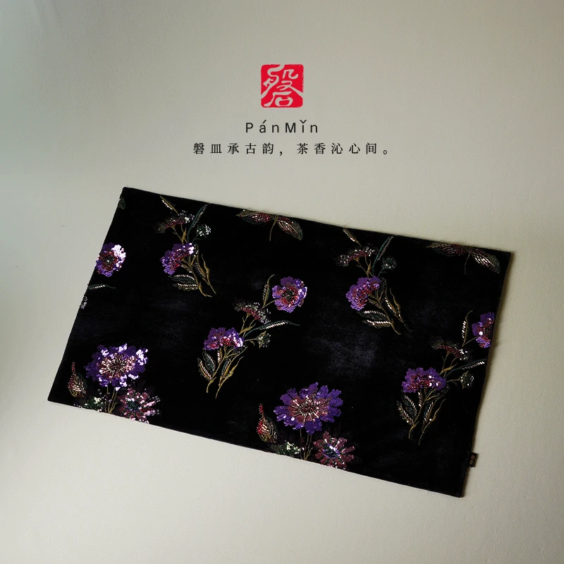 磐皿｜景德镇·熹语·珠绣丝绒大号紫牡丹茶席高档中式复古茶桌布垫