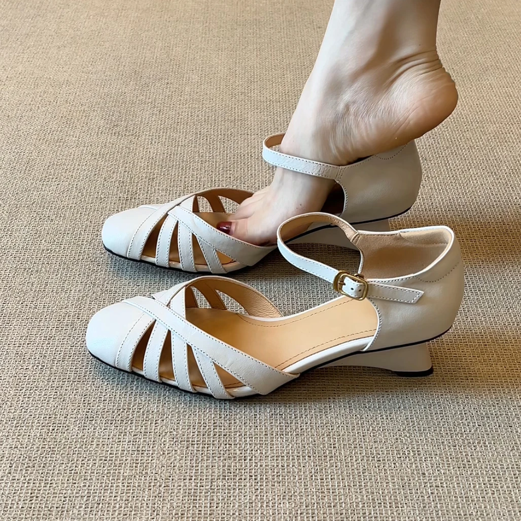 RubyL/5cm夏季新款法式时尚通勤风舒适百搭透气坡跟纯色包头凉鞋