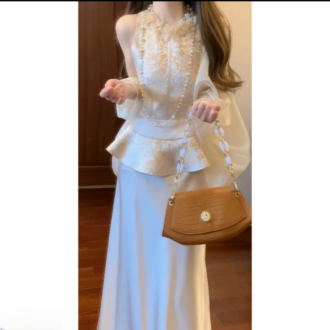 新中式国风立体鎏金提花上衣鱼尾半身长裙套装时尚小众日常三件套