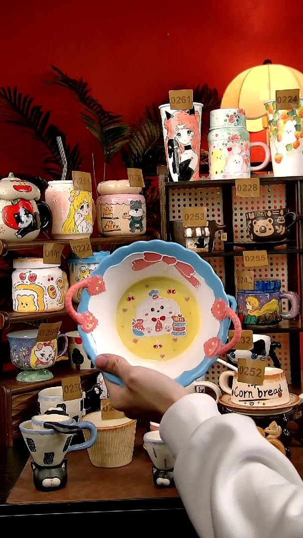 碗瓷DIY景德镇陶瓷手工创意卡通风双耳大碗