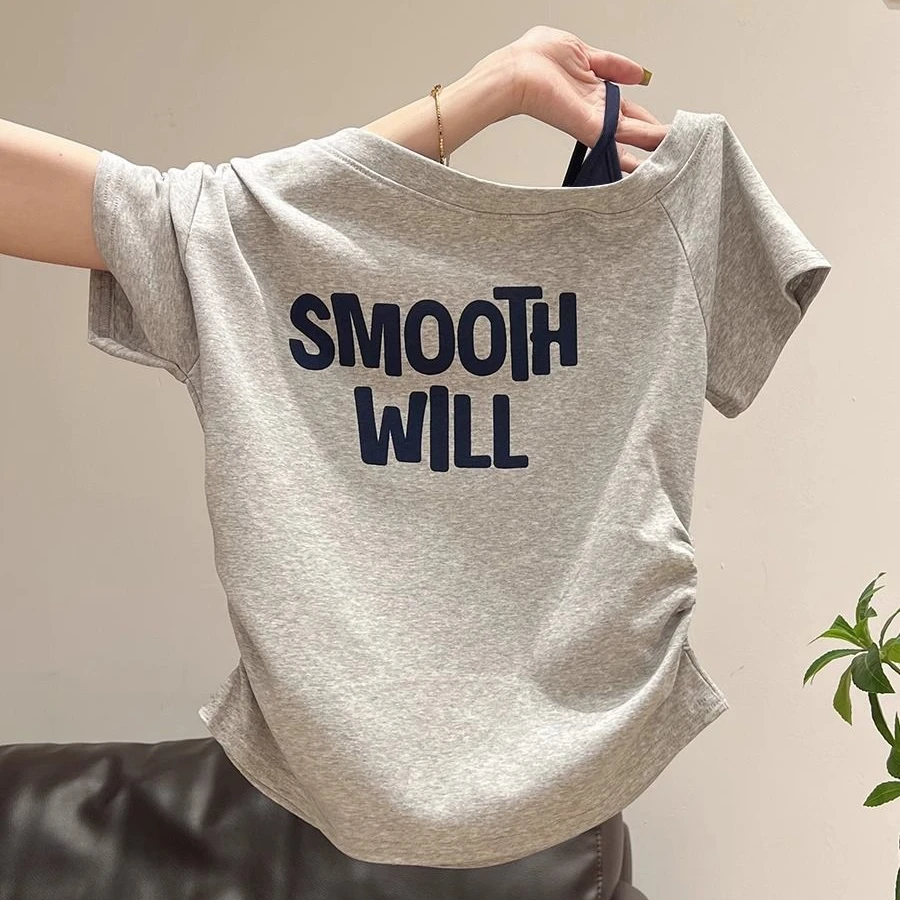 【KBZK】吊带拼接斜肩短袖t恤女2025新款夏季短款褶皱百搭修身上衣