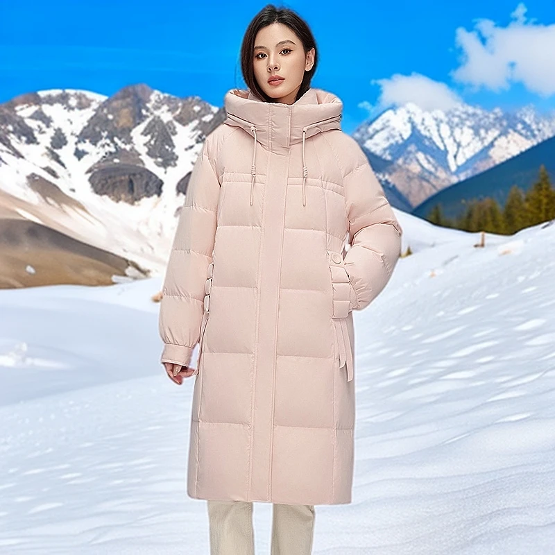 雪中飞极寒加厚长款羽绒服女2025冬季抽绳连帽时尚休闲通勤百搭