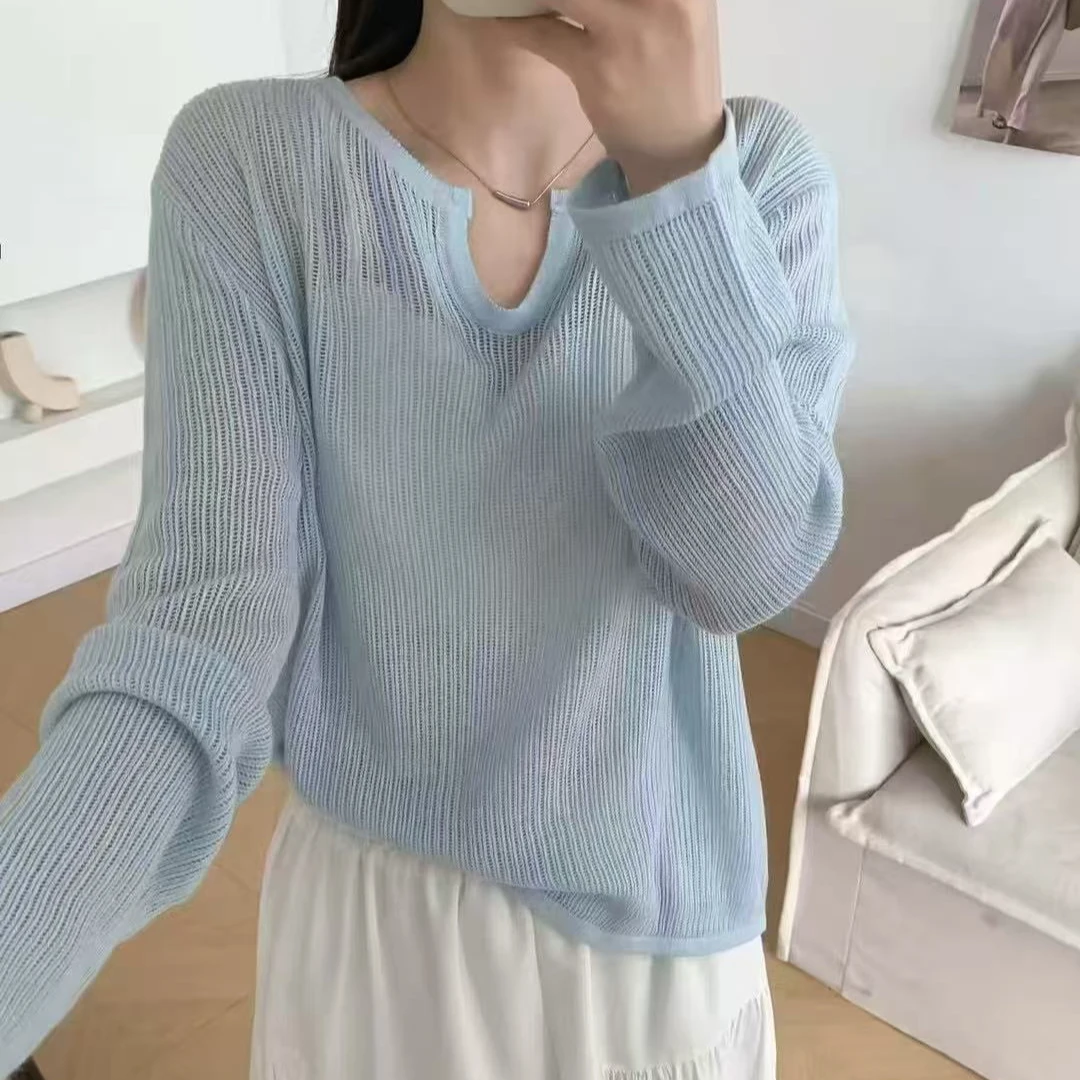 新款V领镂空长袖防晒显瘦羊毛针织短款时尚百搭宽松圆领气质网红